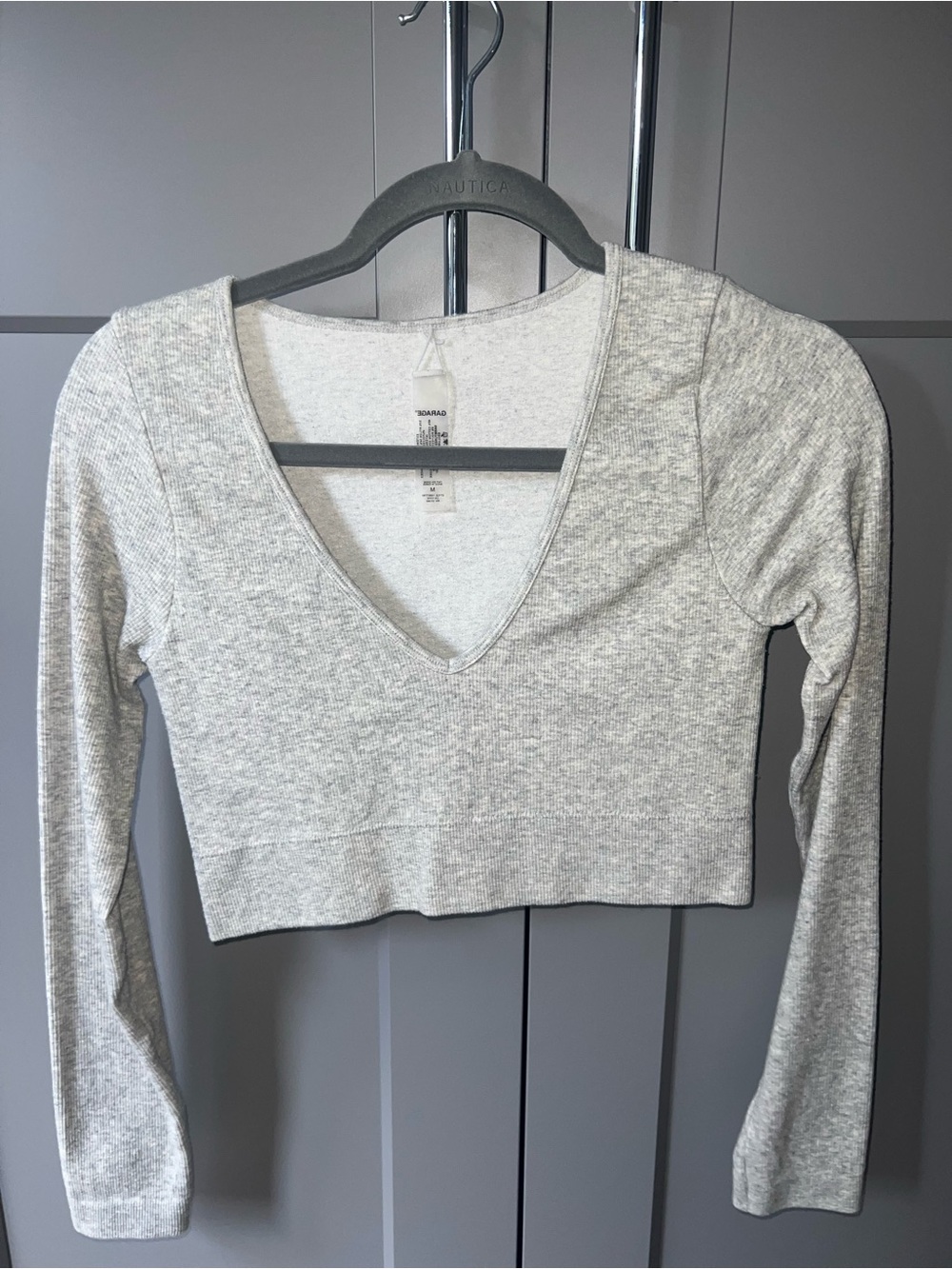 Garage Light Gray Ribbed Deep V Cropped Long Sleeve Top